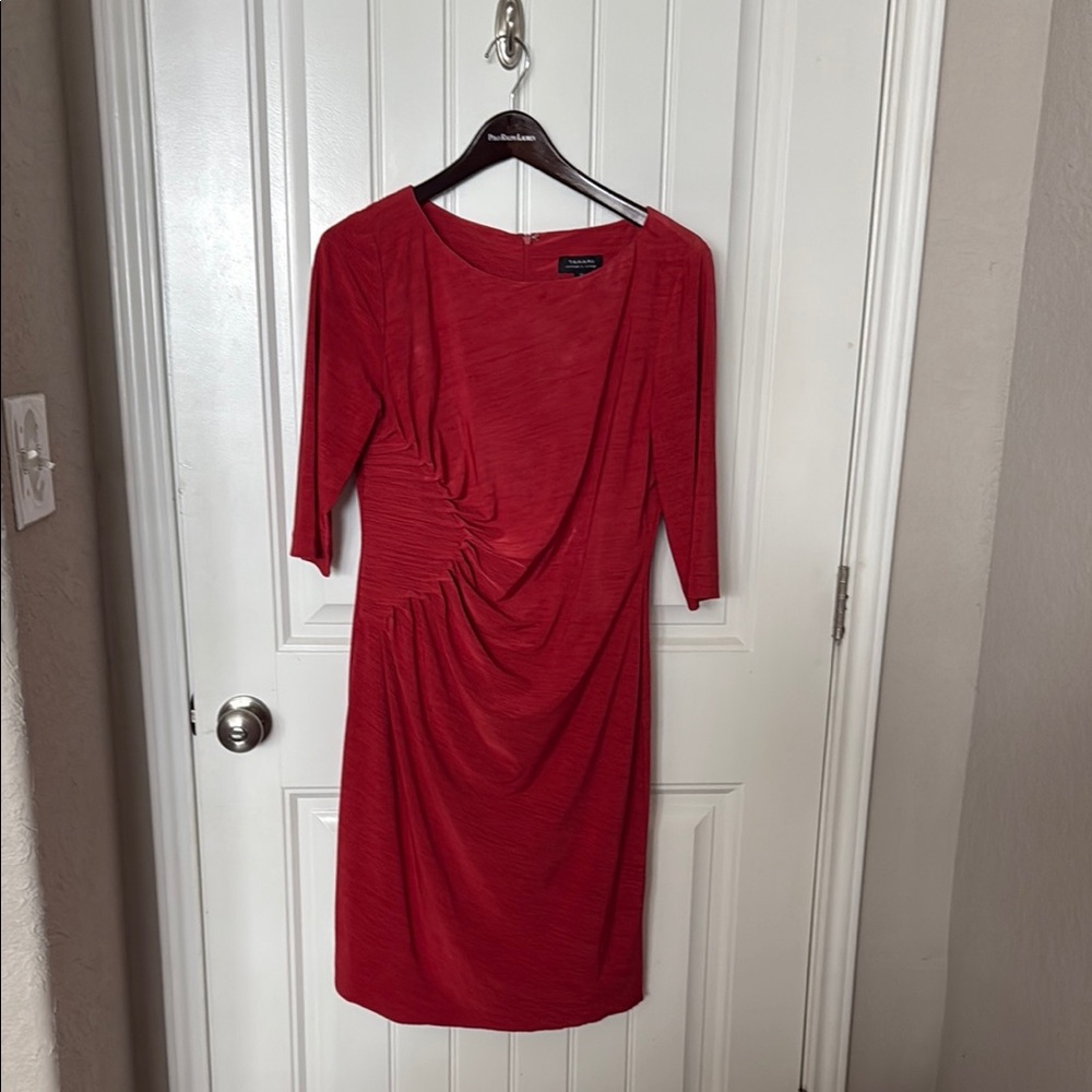 Tahari Red Ruched Sheath Dress with Cowl Neck